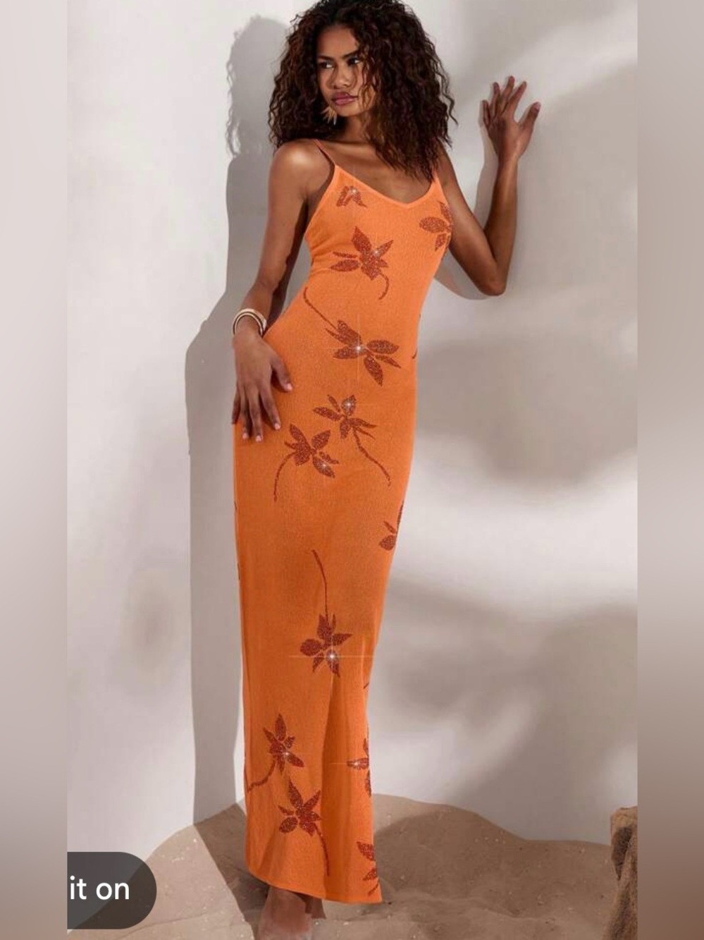 Shein Orange 🍊 glitter floral tropical maxi dress size medium m